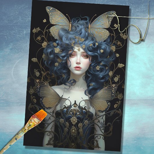 アールヌーボー女性とMoth 2デクページ紙 薄葉紙