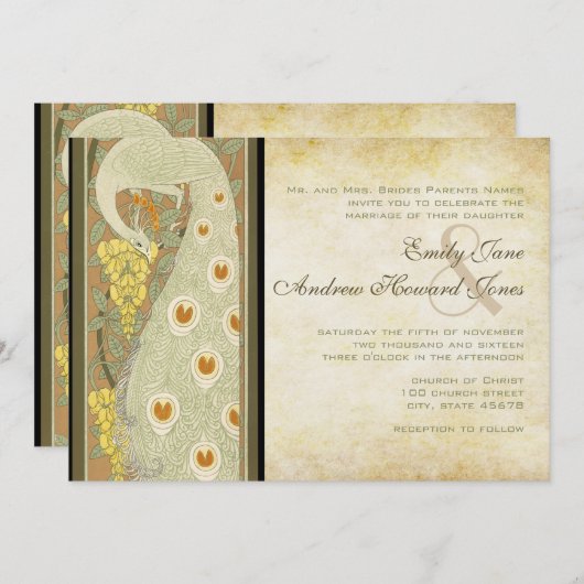 アールヌーボー孔雀ラブバード結婚ズ 招待状 (正面/裏面)