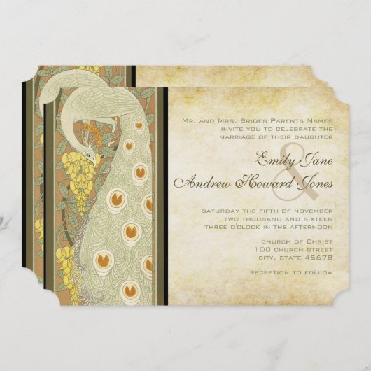 アールヌーボー孔雀ラブバード結婚ズ 招待状 (正面/裏面)