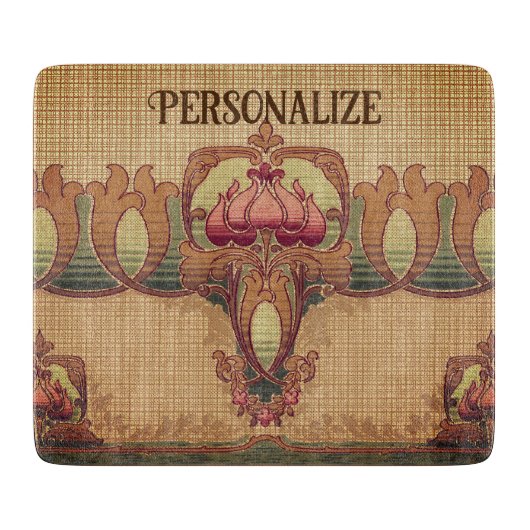 アールヌーボー抽象芸術花ブルゴーニュ赤緑 カッティングボード (正面)