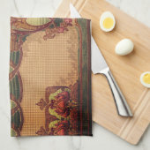 アールヌーボー抽象芸術花ブルゴーニュ赤緑 キッチンタオル (四つ折り)