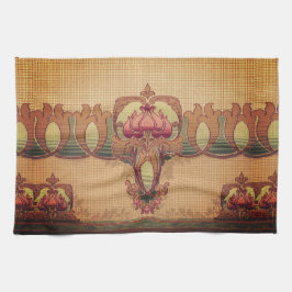 アールヌーボー抽象芸術花ブルゴーニュ赤緑 キッチンタオル