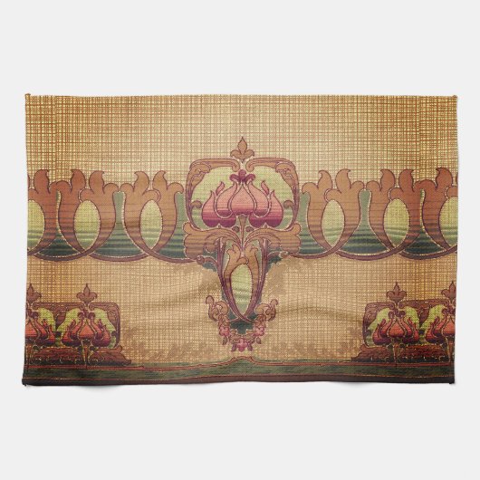 アールヌーボー抽象芸術花ブルゴーニュ赤緑 キッチンタオル (横)