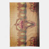 アールヌーボー抽象芸術花ブルゴーニュ赤緑 キッチンタオル (縦)