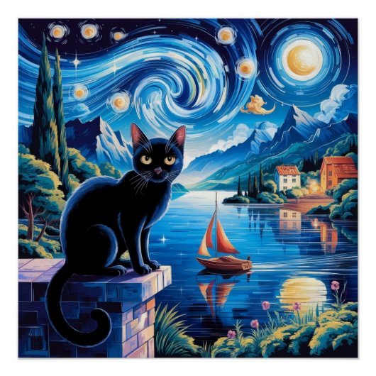 アールヌーボー描写チビ（小さくかわいく書いた感じ）猫3D ポスター (正面)