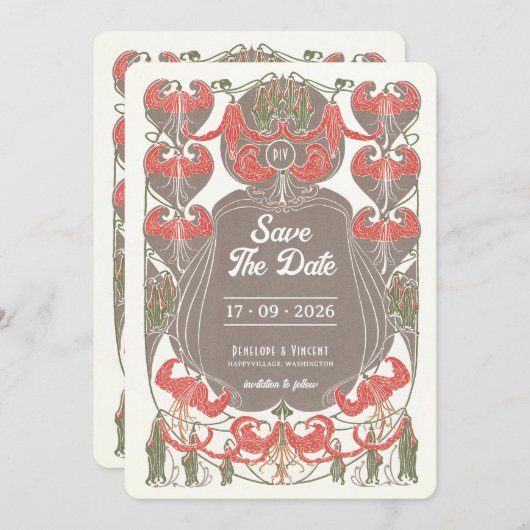 アールヌーボー明るい赤紫色エレガンスザデイト 招待状 (正面/裏面)