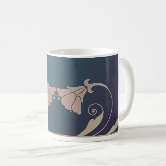 アールヌーボー暗い赤紫色花ピンク青エレガント緑 コーヒーマグカップ (正面右)