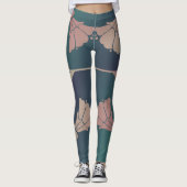 アールヌーボー暗い赤紫色花青緑ピンク レギンス (正面)