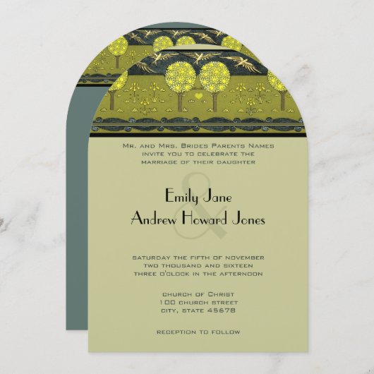 アールヌーボー森ヴィンテージ鳥の結婚式の招待 招待状 (正面/裏面)