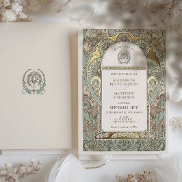 アールヌーボー植物箔結婚の金ゴールドアクセント 箔招待状