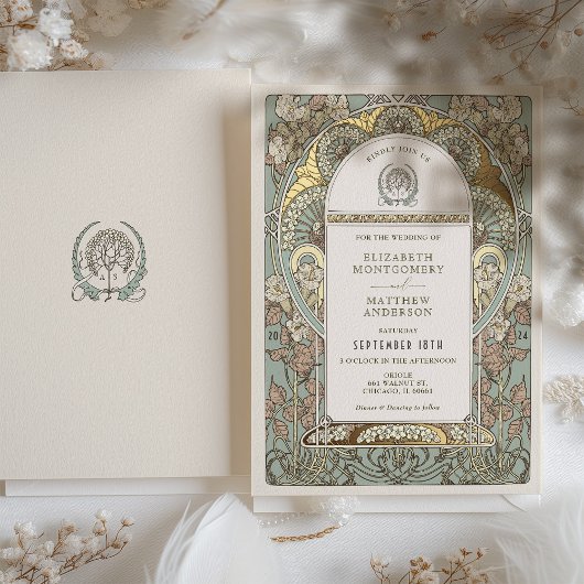 アールヌーボー植物箔結婚の金ゴールドアクセント 箔招待状