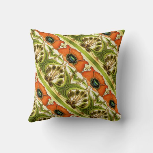 アールヌーボー様式化されたグリーンレッドポピー クッション (裏面)