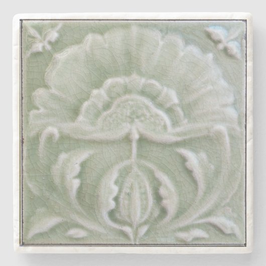 アールヌーボー樹状花タイル灰色グリーン ストーンコースター (正面)