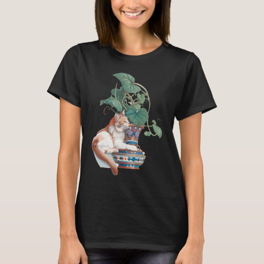 アールヌーボー猫が鉢植えの隣に座る Tシャツ (正面)