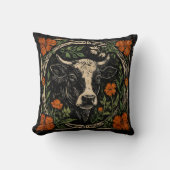 アールヌーボー素朴牛ポートレートフローラアクセント クッション (正面)