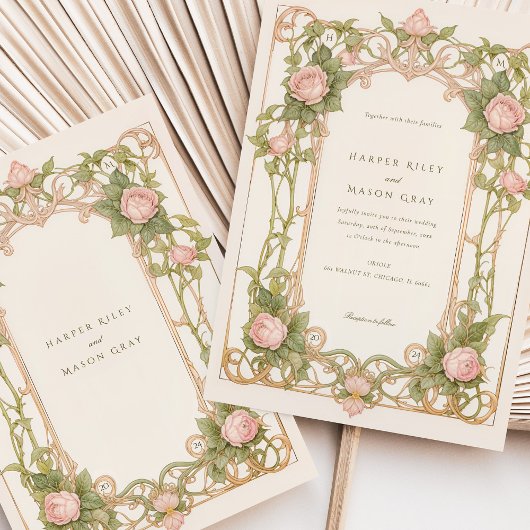 アールヌーボー結婚のピンクのバラと緑 招待状