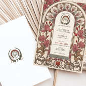 アールヌーボー結婚のブルゴーニュとアイボリー花模様 招待状