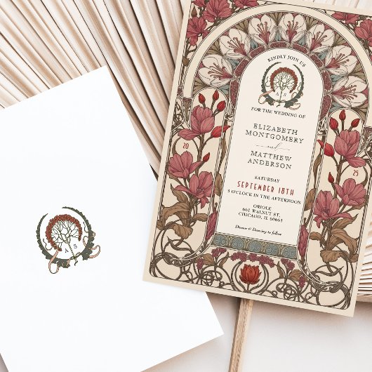 アールヌーボー結婚のブルゴーニュとアイボリー花模様 招待状