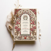 アールヌーボー結婚のブルゴーニュとアイボリー花模様 招待状