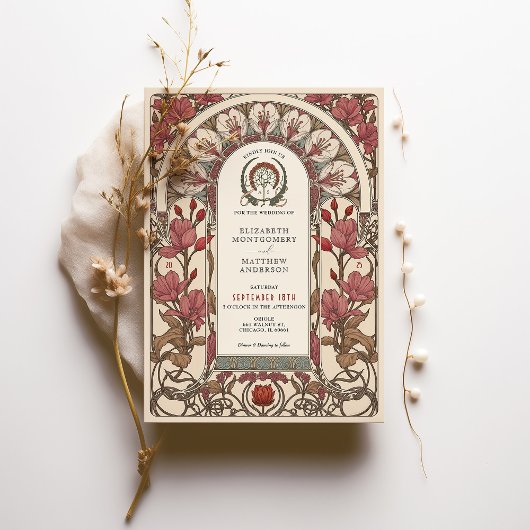 アールヌーボー結婚のブルゴーニュとアイボリー花模様 招待状