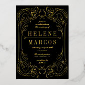 アールヌーボー結婚の流れるラインワークブラック金ゴールド 箔招待状 (正面)