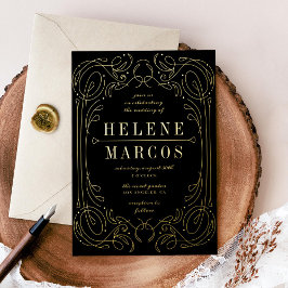 アールヌーボー結婚の流れるラインワークブラック金ゴールド 箔招待状