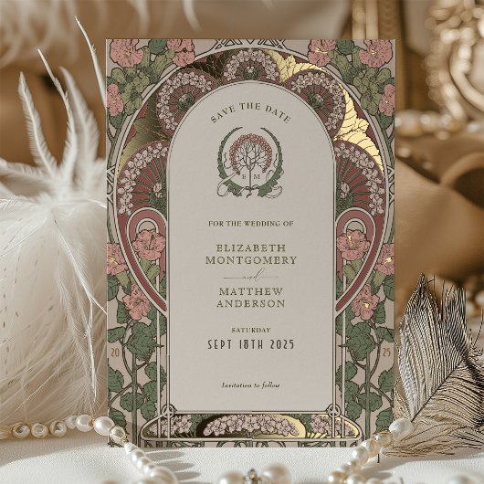 アールヌーボー結婚の金ゴールドアクセント日付の保存 箔招待状