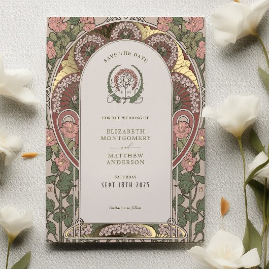 アールヌーボー結婚の金ゴールドアクセント日付の保存 箔招待状