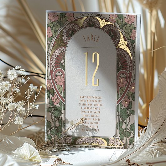 アールヌーボー結婚の金ゴールドアクセント表番号 箔招待状