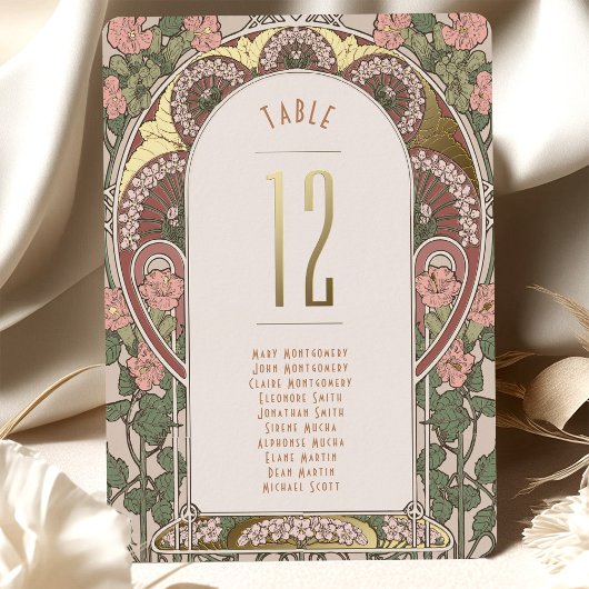 アールヌーボー結婚の金ゴールドアクセント表番号 箔招待状