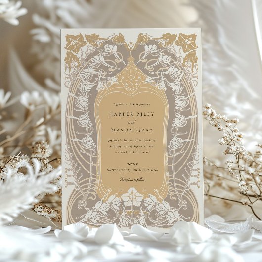 アールヌーボー結婚エレガントの金ゴールド・クリーム・トーン 招待状