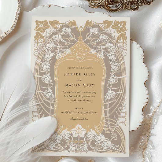 アールヌーボー結婚エレガントの金ゴールド・クリーム・トーン 招待状