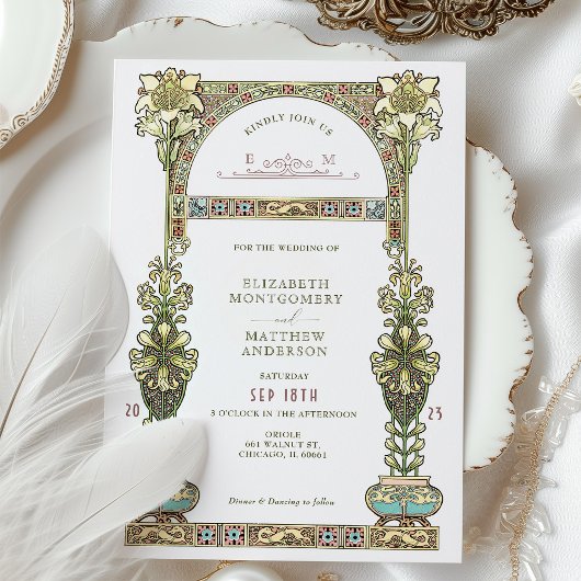 アールヌーボー結婚ズ金ゴールドパステルアーチ 招待状