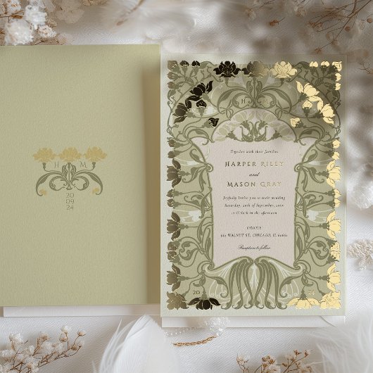アールヌーボー結婚フローラのWarm Earth Tones 箔招待状