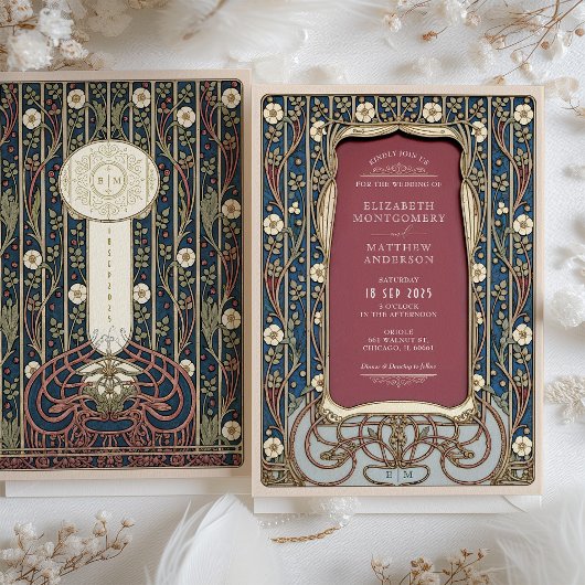 アールヌーボー結婚ブルゴーニュ&ネイビーフローラ 招待状