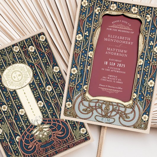 アールヌーボー結婚ブルゴーニュ&ネイビーフローラ 招待状