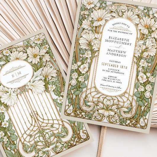アールヌーボー結婚ヴィンテージフローラフェイク金ゴールド 招待状