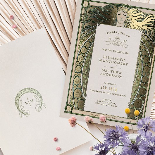 アールヌーボー結婚式招待状金ゴールドグリーンバイミュシャ 箔招待状