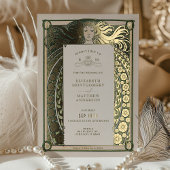 アールヌーボー結婚式招待状金ゴールドグリーンバイミュシャ 箔招待状