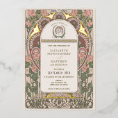 アールヌーボー結婚金ゴールドアクセント植物学 箔招待状 (正面)