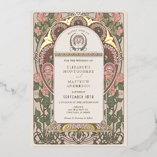 アールヌーボー結婚金ゴールドアクセント植物学 箔招待状 (正面)