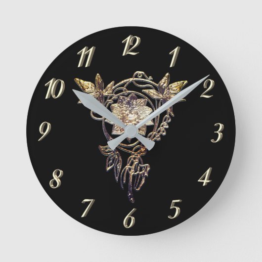 アールヌーボー花ビクトリアン宝石金ゴールド ラウンド壁時計 (正面)