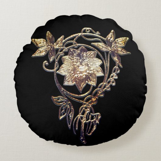 アールヌーボー花ビクトリアン玉金ゴールドと黒 ラウンドクッション (正面)