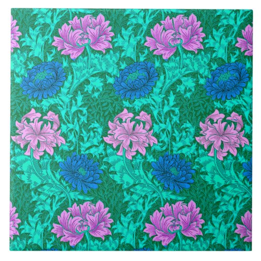 アールヌーボー菊、アクアとバイオレット タイル (正面)