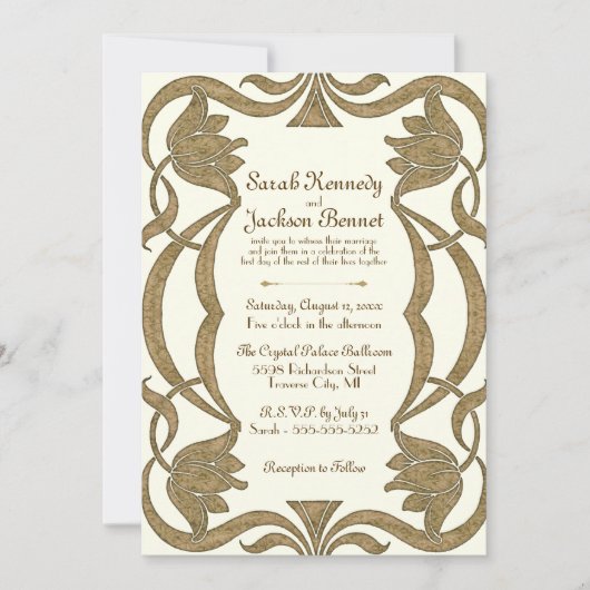 アールヌーボー華美アイボリーと金ゴールドエレガントウェディング 招待状 (正面)