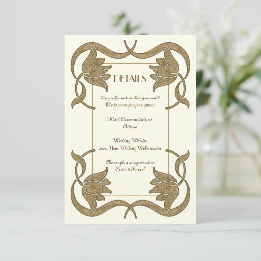 アールヌーボー華美アイボリーと金ゴールド結婚詳細 エンクロージャーカード (スタンド正面)