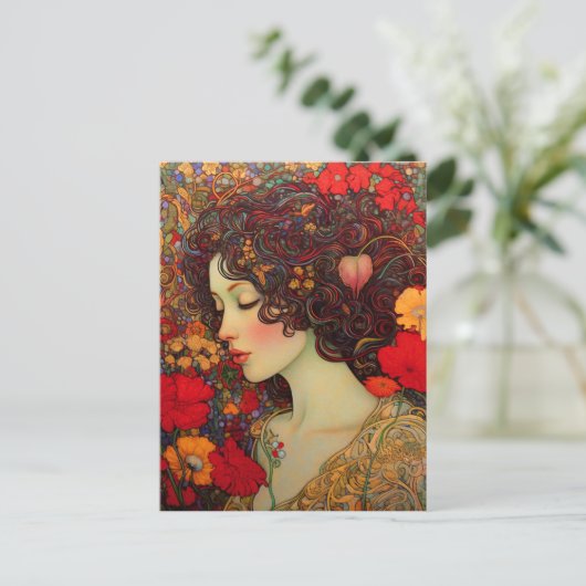 アールヌーボー赤と金ゴールドのケシの中の女 ポストカード (スタンド正面)