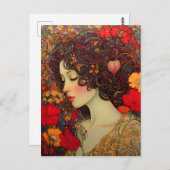 アールヌーボー赤と金ゴールドのケシの中の女 ポストカード (正面/裏面)