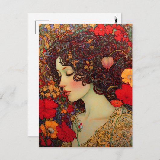 アールヌーボー赤と金ゴールドのケシの中の女 ポストカード (正面/裏面)