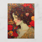 アールヌーボー赤と金ゴールドのケシの中の女 ポストカード (正面)